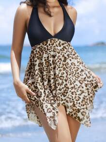 SHEIN Swim 女士海滩度假豹纹拼接露背系腰休闲泳衣夏季 - 彩色 - 查看 3