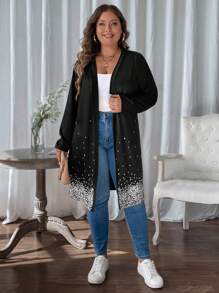 SHEIN LUNE Plus Size Women's Spring Autumn Sequin Print Long Sleeve Open Front Long Casual Jacket - Black - View 4