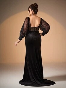 Mgiacy Plus Size Solid Sweetheart Neckline Floral Sequin Lace Drawstring Sheer Cup Velvet Patchwork High Slit Ruffle Hem Long Formal Dress (Heavy Embroidered Design), Gala/Ball Gown - Black - View 2