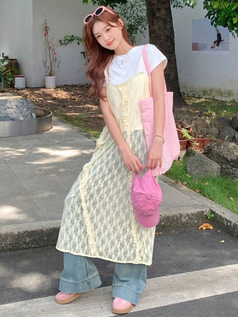 DAZY Solid Color Lace Splice Women's Long Tank Top - Beige - View 1