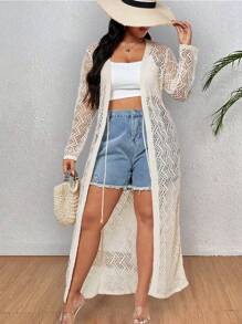 SHEIN CURVE+ Plus Pointelle Knit Cardigan, Spring Break - Apricot - View 1