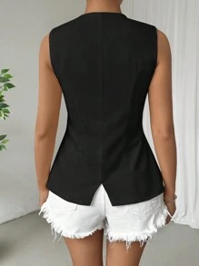 SHEIN EZwear Women Simple Solid Sleeveless Vest Jacket , Black