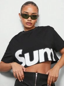 SUMWON WOMEN Áo thun crop top họa tiết logo mùa hè nhẹ nhàng thời trang, phong cách đường phố hiện đại, lễ hội mùa hè, chất liệu cotton pha trộn - màu đen - Xem 3