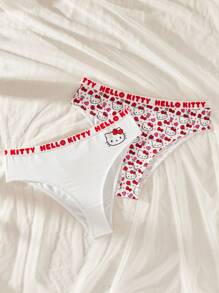HELLO KITTY AND FRIENDS | SHEIN 2pcs/Pack Women's Plus Size White And Red Cute Kitty Cartoon Letter Printed Elastic Waist Comfy Panties
