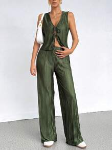 SHEIN Unity Conjunto de top sin mangas y pantalones largos de unicolor para mujer para uso diario - Verde - Ver 6