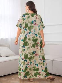 Seusyu Vestido de Verão com Manga Morcego e Estampa Floral Plus - Verde - Ver 2