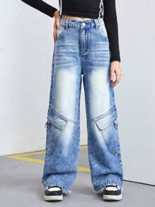 SHEIN Explorewe Tween Girls Flared Jeans With Multiple Large Pockets And Workwear Style - Medium Wash - View 7