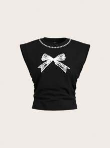 SHEIN Privé 女士短袖印花圓領T恤，帶蝴蝶結細節 - 黑與白 - 查看 5