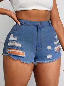 SHEIN SXY Plus Size Fashion Distressed Denim Shorts - Medium Wash - View 4