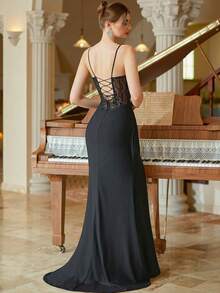 Rochie de bal cu fanta stramta cu margele Rochie de seara spaghetti - Negru - Vizualizare 2