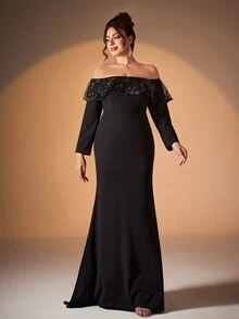 Plus Size Mgiacy Off-Shoulder Long Sleeve Ruffled Sequin Embroidered Lace Patchwork Mermaid Dress, Formal Evening Prom Gown, For Wedding Guest, Graduation, Dinner