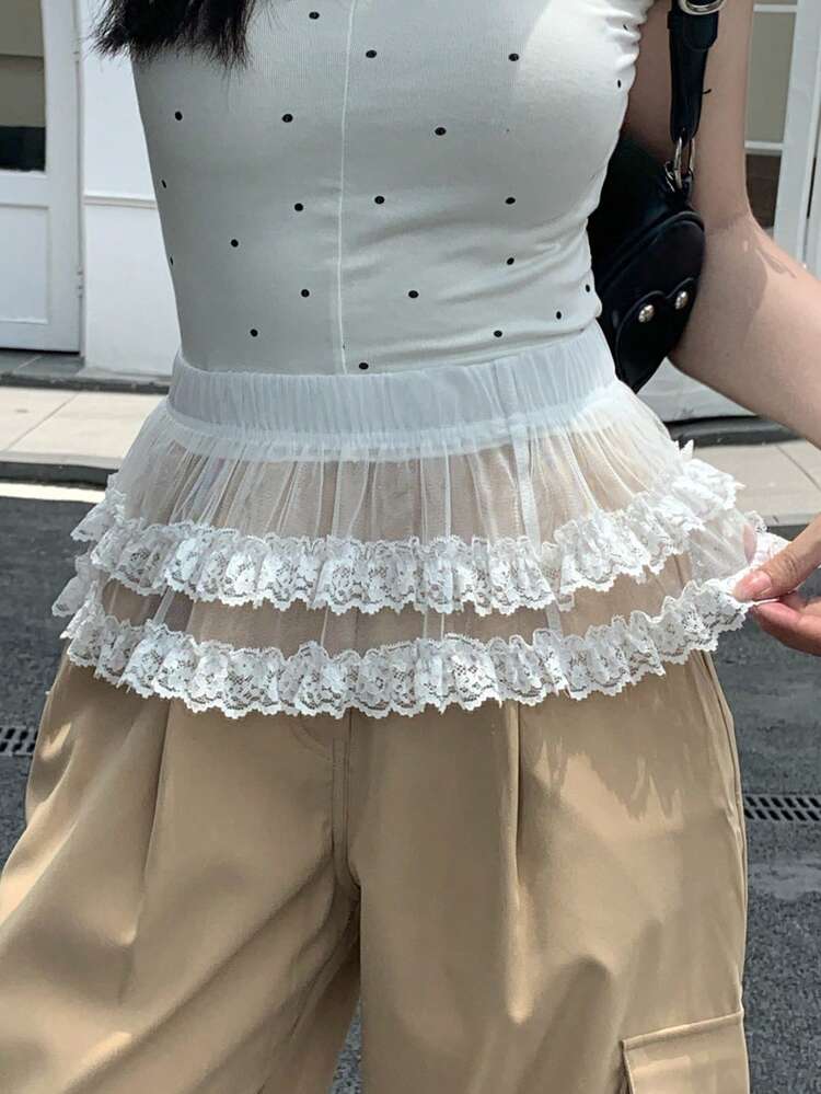 Women Plain Elegant Daily Lace Decor Pleated A-Line Skirt