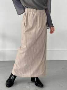 FRIFUL 女士弹力腰拉链半开襟工装口袋A字休闲长裙/铅笔裙 - 卡其色 - 查看 3