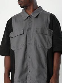 SUMWON Camisa jeans de sarja com blocos de cores e manga curta de ajuste regular - Preto - Ver 3