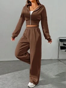 SHEIN EZwear 女式春季时尚粉色拉链连帽运动衫和裤子两件套 - 棕色 - 查看 6