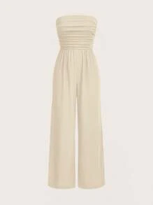 SHEIN EZwear Plus Size Women's Summer Solid Color Ruffle Bandeau Wide Leg Jumpsuits - Khaki - View 1