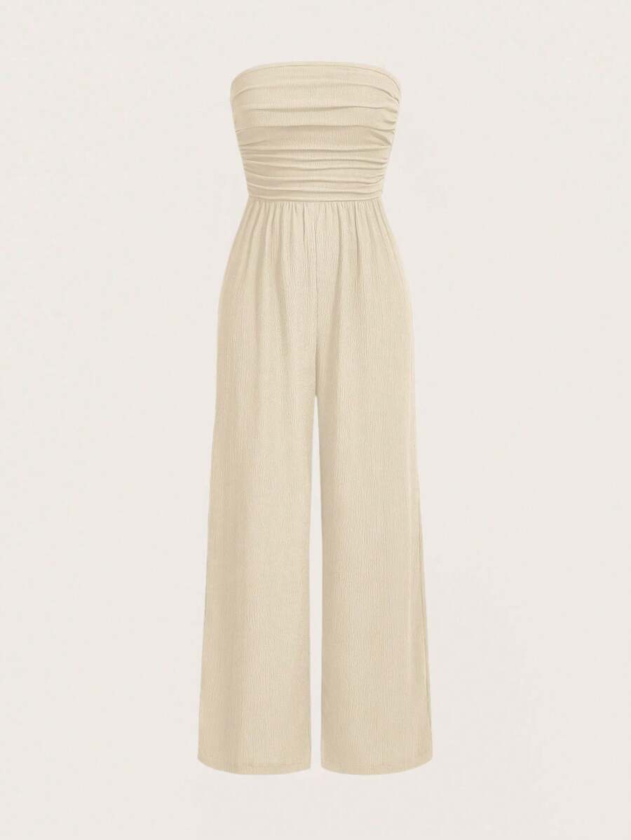 SHEIN EZwear Plus Size Women's Summer Solid Color Ruffle Bandeau Wide Leg Jumpsuits - Khaki - View 1