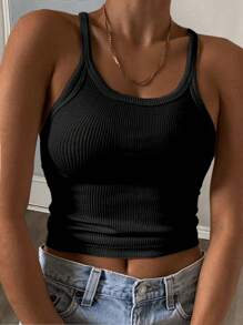 Slaydiva Simple Ribbed Stretchy Cami Tank Top For Women, Versatile Fitness Workout Crop Tops Plus Size - Black - View 1