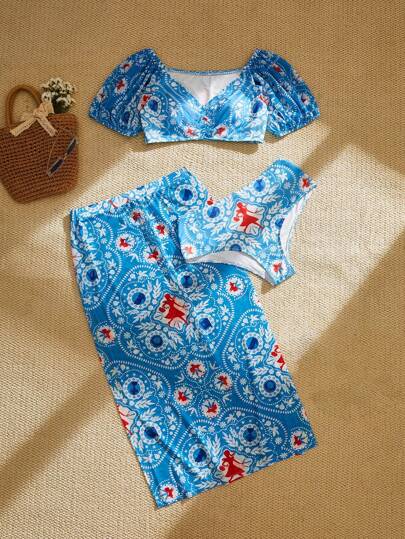 The Wizard of Oz X SHEIN Conjunto de 3 piezas talla grande para mujer que incluye top de manga abullonada azul lindo, pantalones, vestido de playa y traje de baño tipo bikini, casual y cómodo