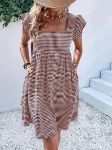 Breezaya Gingham Square Neck Butterfly Sleeve Smock Dress,Ladies Cute Ruffle Cap Sleeve Square Neck Regular Fit Short Brown Flounce Sleeve Gingham Smock Women Short Dresses,Spring/Summer,Casual Daily Wear Vacation Beach Outfit