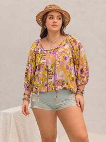Rusttydustty Bohemian Style Loose Plus Size Women's Vacation Beach Top Blouse - Purple - View 3