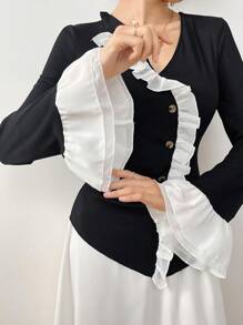 Modelyn 2pcs Women's Contrast Color Ruffle Trim Flare Sleeve Top And Solid Color Skirt Set 2 Pieces Set Fall Cloth For Women - Multicolor - View 7