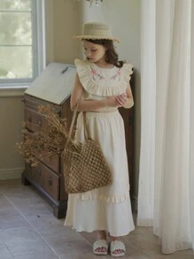 2 Chiếc Tween Girl Thêu Hoa Xù Áo Không Tay Và Váy Maxi Xù Trang Phục Phong Cách Đồng Quê - Rượu sâm banh - Xem 1