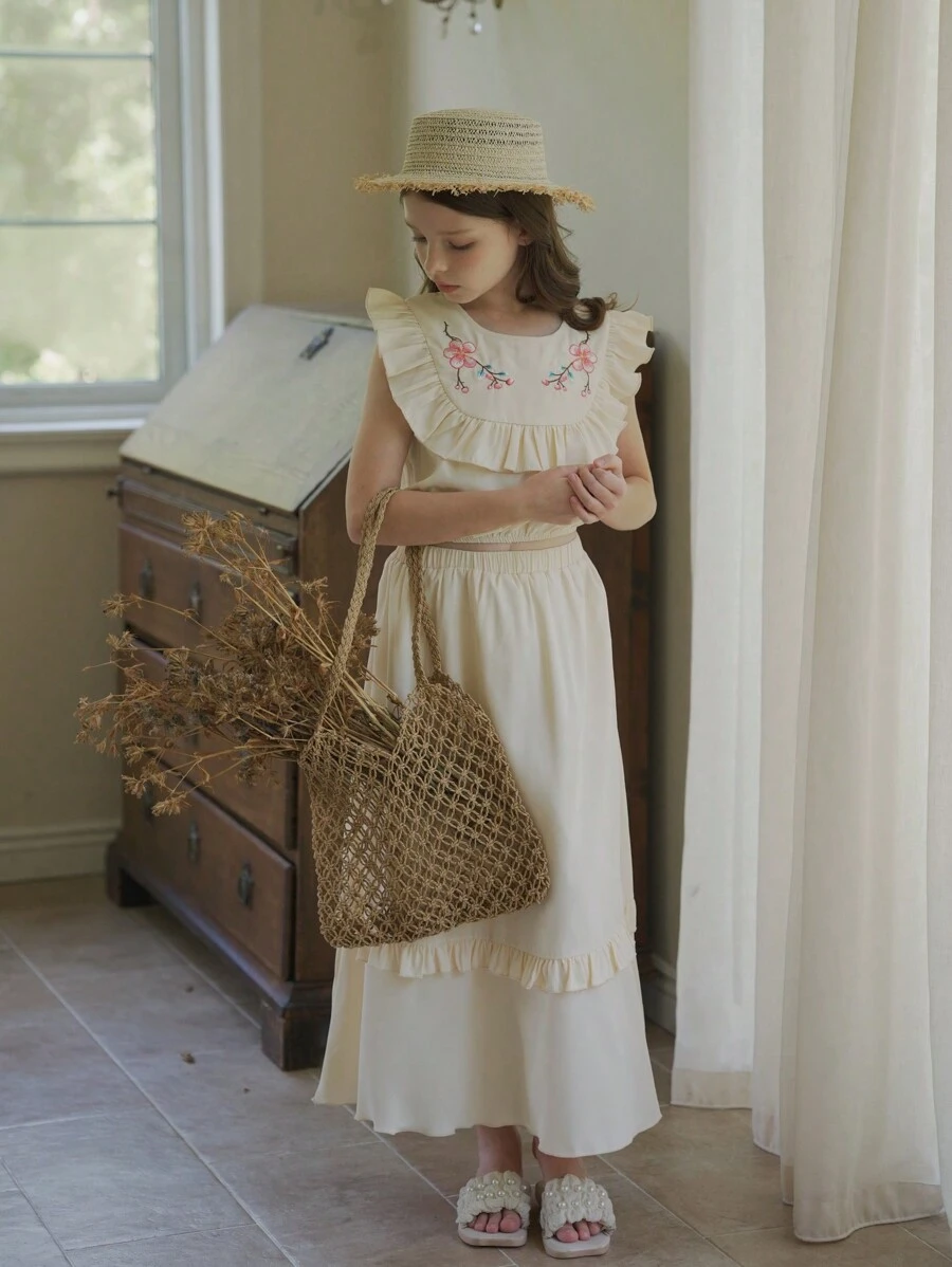 2 Chiếc Tween Girl Thêu Hoa Xù Áo Không Tay Và Váy Maxi Xù Trang Phục Phong Cách Đồng Quê - Rượu sâm banh - Xem 1