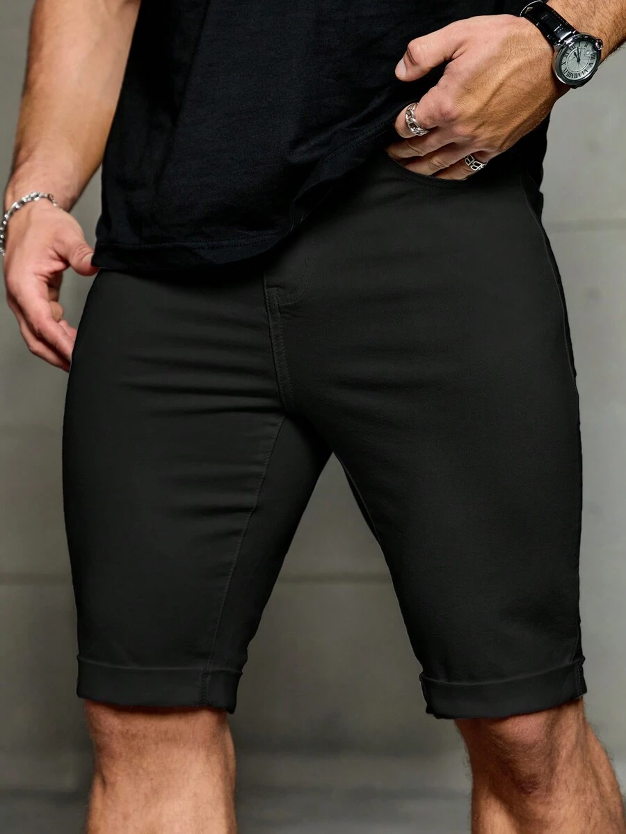 Manfinity Homme 男士黑色牛仔紧身短裤 - 黑色 - 查看 1