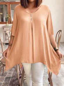 Blusa de manga corta, cuello redondo, sencilla y casual de unicolor para mujer talla grande