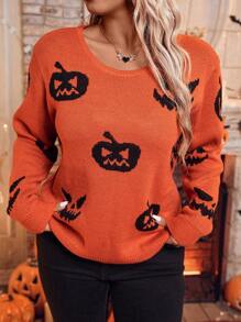 SHEIN LUNE Áo len chui đầu cổ tròn cỡ lớn in hình Halloween - trái cam - Xem 6