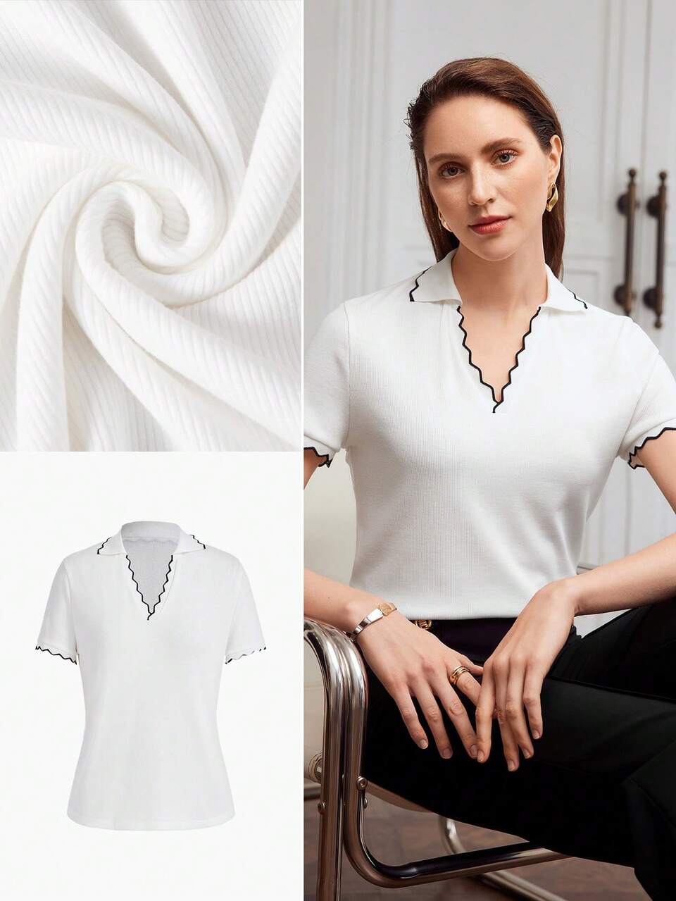 RIBBED KNIT CONTRAST SCALLOP TRIM T-SHIRT