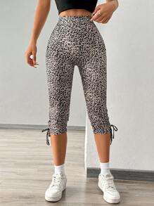 SHEIN Unity Leopard Print Drawstring Leggings - Brown - View 3