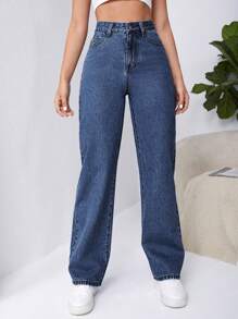 SHEIN Frenchy 女性高腰斜口袋男友寬鬆牛仔褲 - 深色水洗藍 - 查看 3