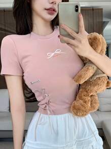 DAZY Camiseta de manga corta con lazo y cordón para mujer, para el Día de San Valentín, verano - Rosa - Ver 6