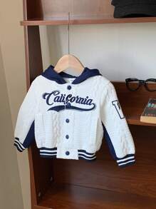 SHEIN Baby Boy/Girl Blue & White Knit Textured Double-Layer Padded Fabric Warm & Comfortable Minimalist Letter Embroidery Contrast Color Hooded Baseball Jacket, All-Match Versatile Sporty Casual Korean Style - Blue and White - View 7