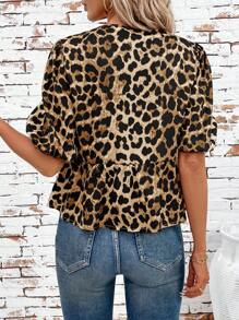 SHEIN Clasi 大码优雅豹纹前系带泡泡袖休闲衬衫 - 棕色 - 查看 2