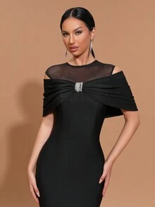 Modphy New Elegant Round Neck Luxurious Sparkling Diamond Open Shoulder Bodycon Maxi Bandage Dress, Fashionable Party And Formal Evening Gown - Black - View 7