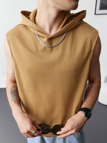 Manfinity Hypemode Men's Casual Solid Color Sleeveless Hooded Sweatshirt, Summer - Khaki - View 1