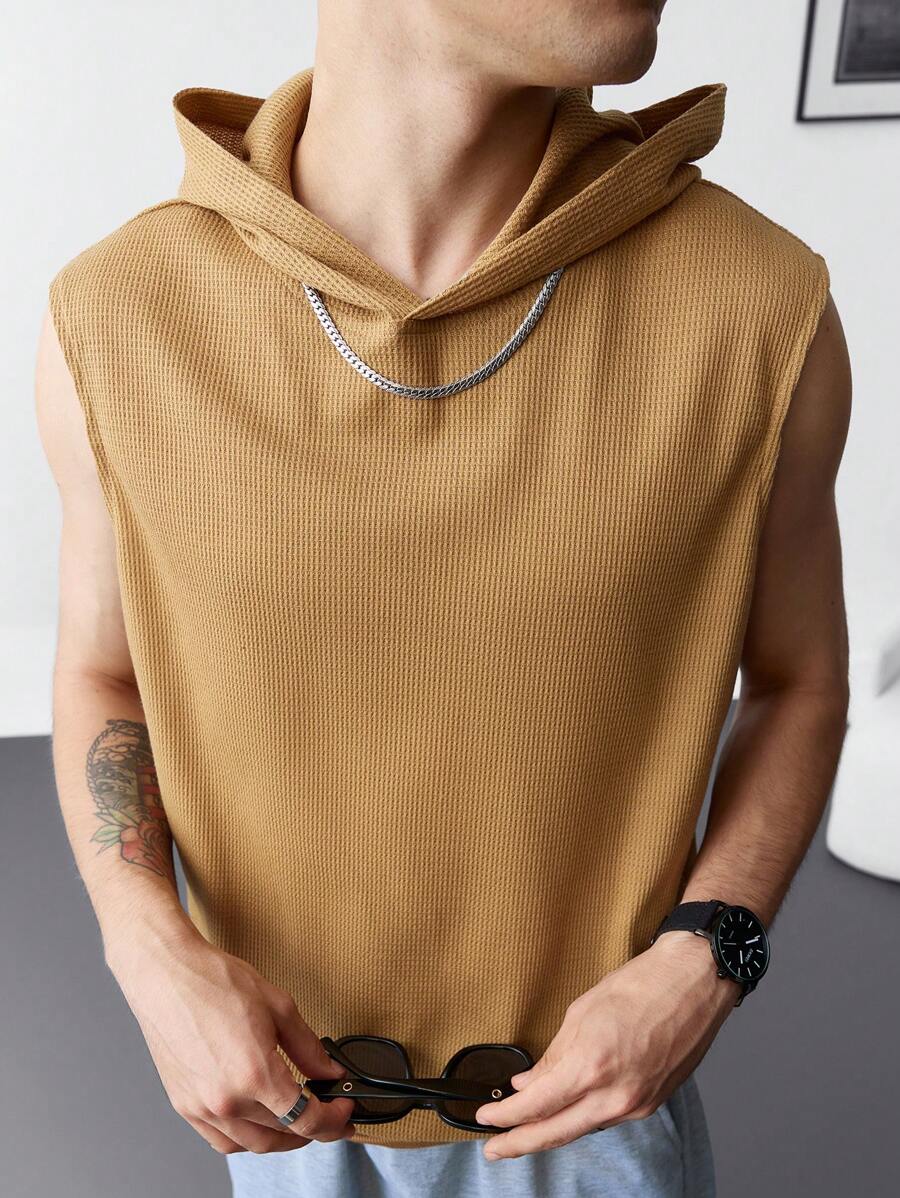 Manfinity Hypemode Men's Casual Solid Color Sleeveless Hooded Sweatshirt, Summer - Khaki - View 1