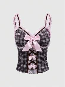 ROMWE Kawaii Vintage Sweet Lace And Grid Patterned Ruched Bowknot Decor Women's Tank Top
