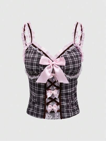 Kawaii Top de tirantes vintage dulce con encaje y patrón de cuadrícula fruncido decorado con lazo para mujer