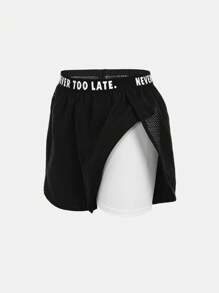 Tween Girls Loose Street Style Shorts With Side Hollow Mesh Double-Layered Anti-Light Printing Letter Belt - Black - View 4