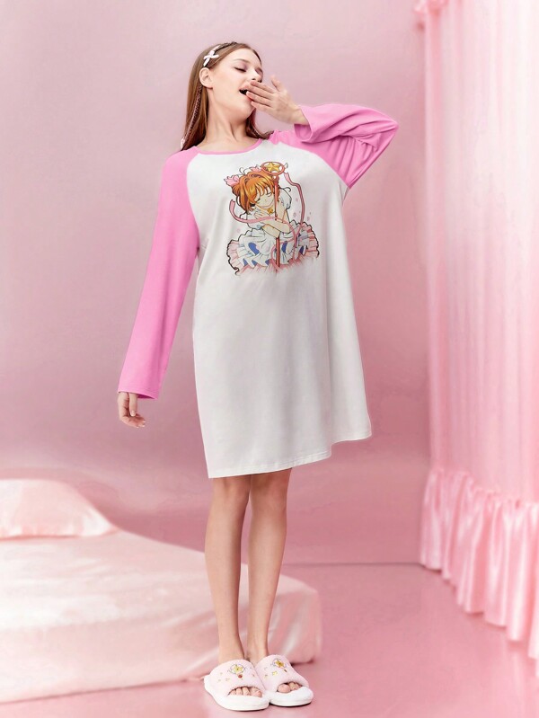 CARDCAPTOR SAKURA | SHEIN Cămașă de noapte cu mâneci raglan roz cu model de personaj de desene animate