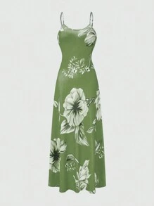 SHEIN Clasi Women's Summer Floral Print Maxi Sleeveless Casual Dress For Vacation - Mint Green - View 1