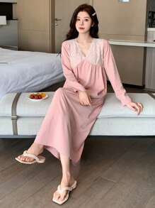 DAZY Lace Patchwork Knit V-Neck Waisted Nightgown Pajama - Pink - View 4