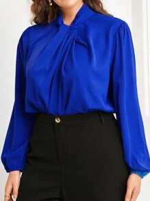 SHEIN Privé 大尺碼女士打褶設計通勤風格長袖襯衫 - 寶藍色 - 查看 1