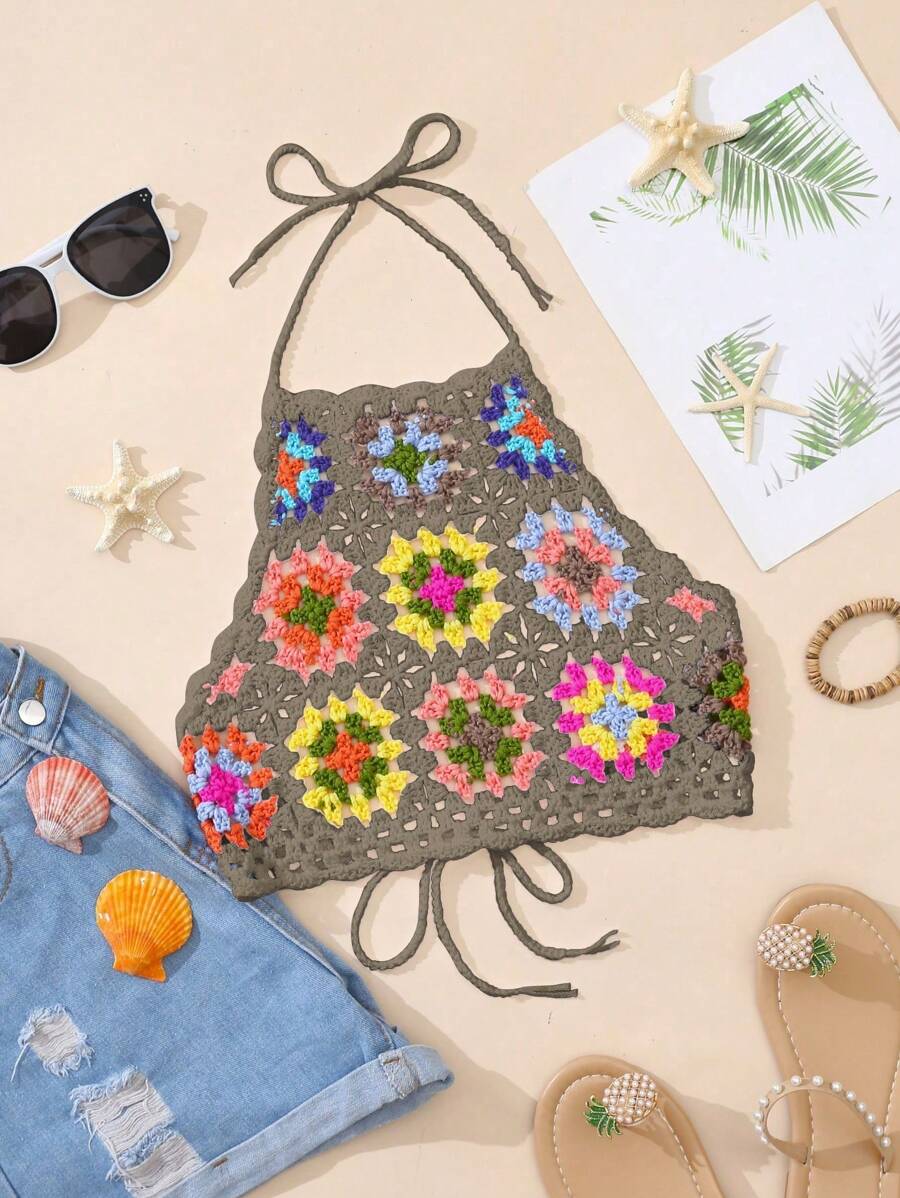 SHEIN Swim 女式撞色全印花无袖罩衫 夏季 - 彩色 - 查看 1