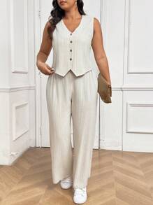 SHEIN Frenchy 2pcs Plus Size Women's Elegant Vest And Pants Set - Khaki - View 1