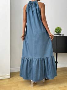 SHEIN Unity Solid Ruffle Hem Halter Dress Without Belt